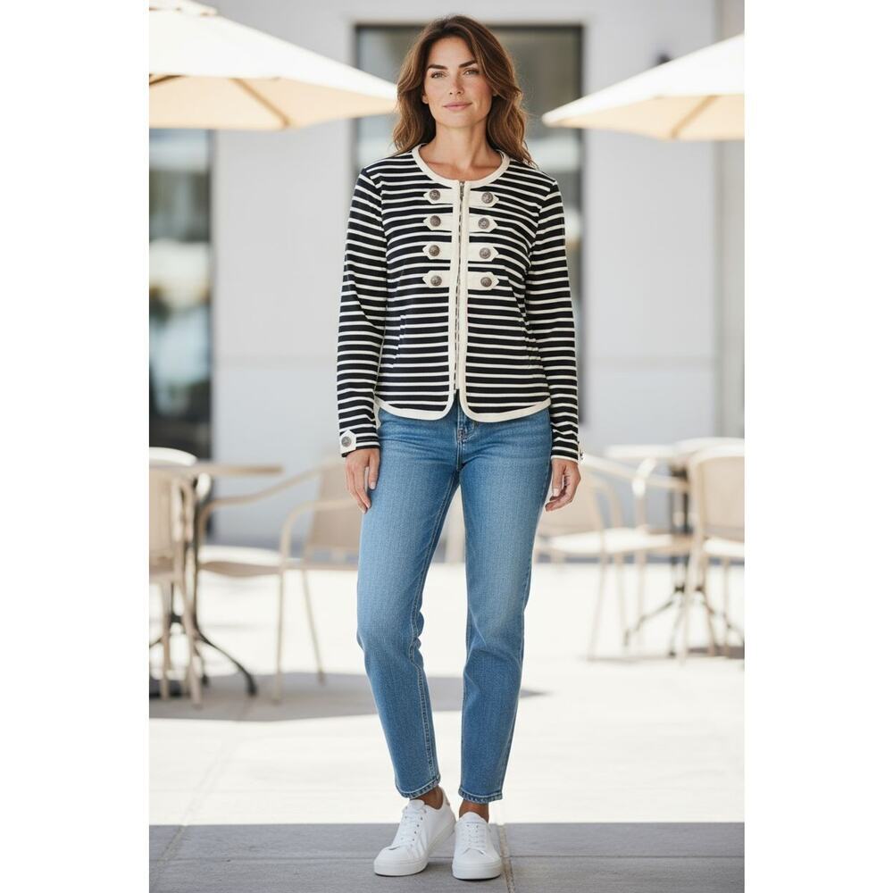 Clothes by REVUE Zipup Front Shirt Jacket Nautical Black Cream Stripes Size XL